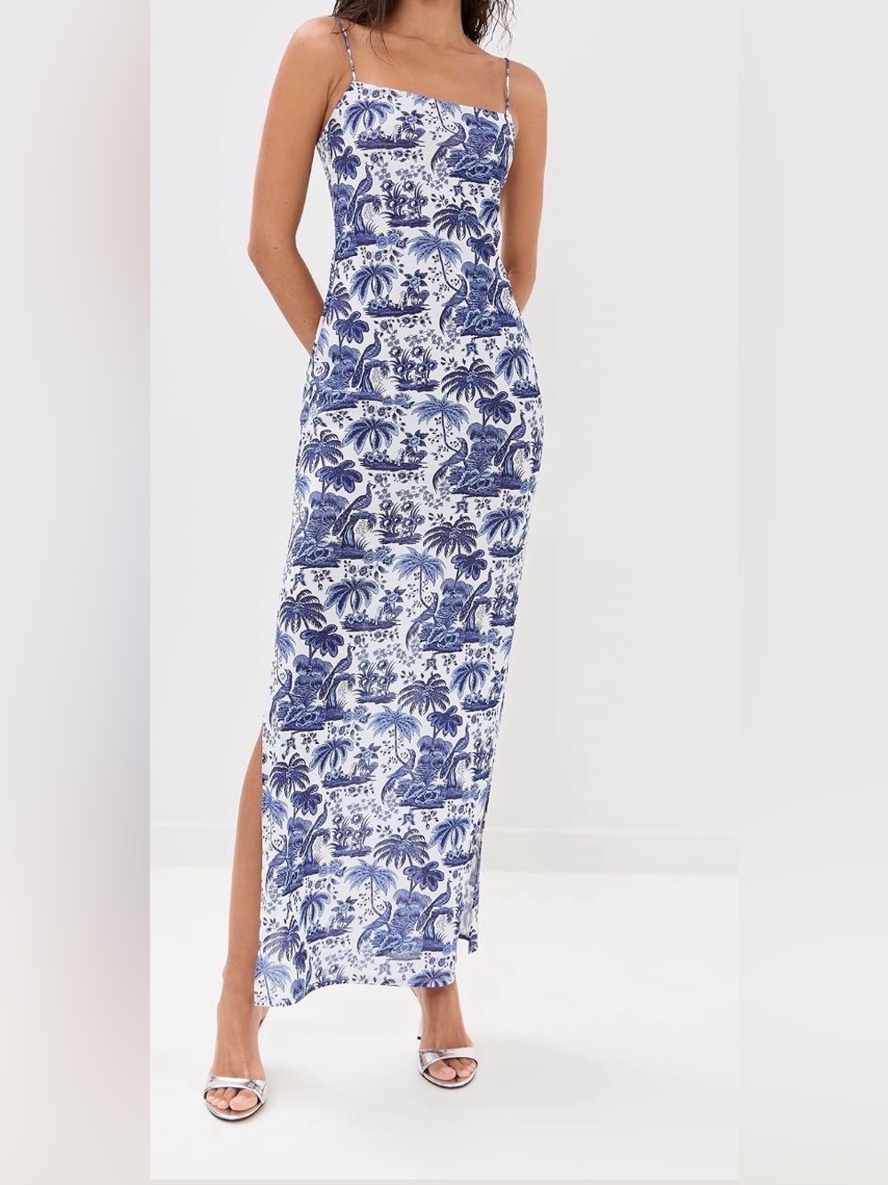 STAUD Blue & White Toile Maxi Slip Dress